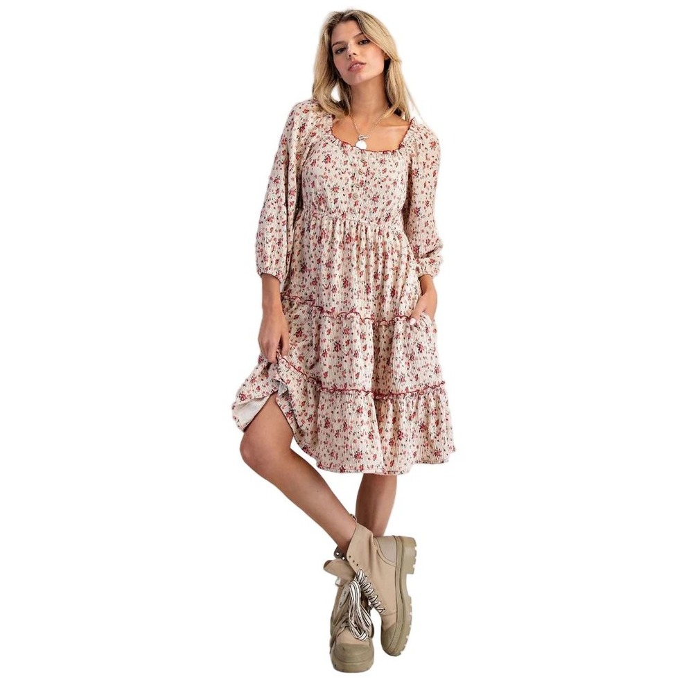 Easel Floral Tiered Midi Dress Cream Red Boho Cottagecore Square Neck NWT L